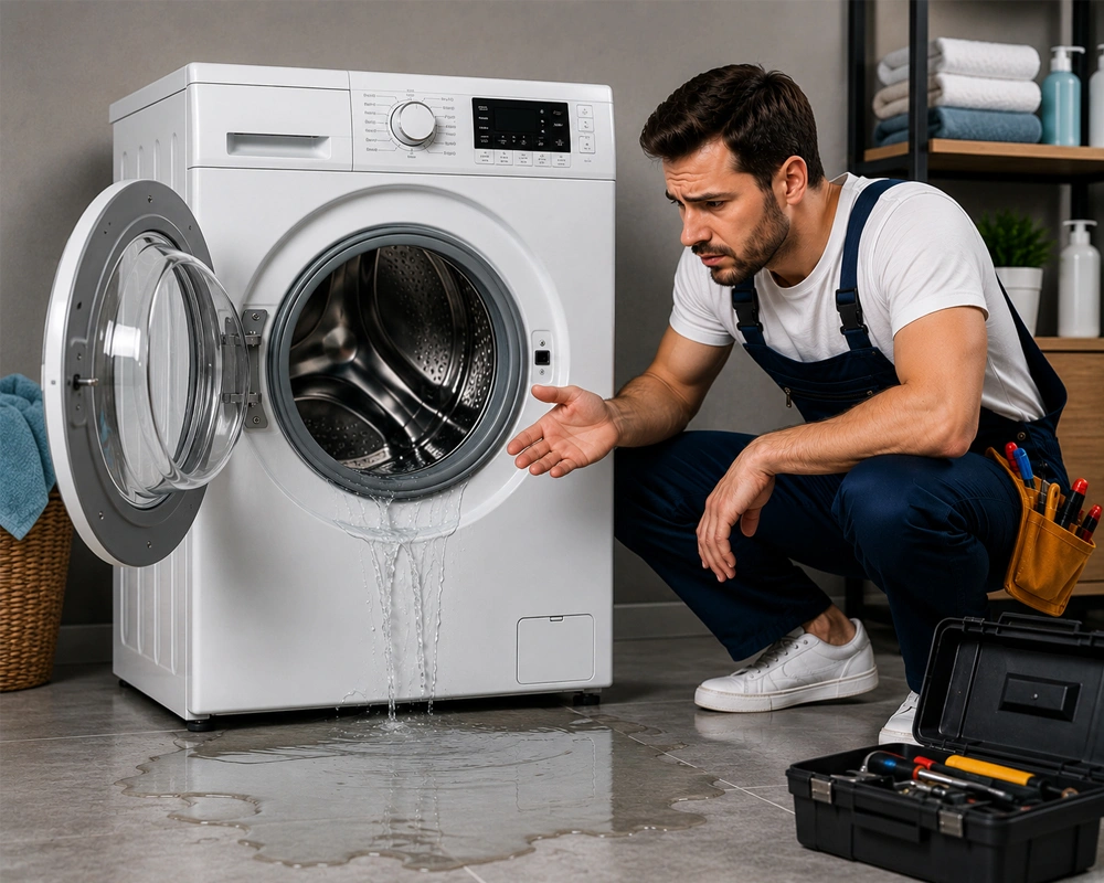Technician inspecting washing machine leaking water on floor
